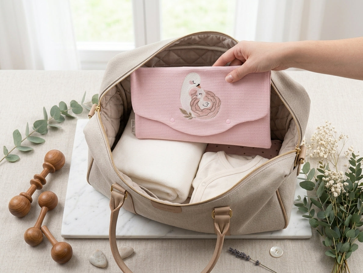 Little Bird - Busta Cambio Neonato e Nido Personalizzabile Ricamata Cigno Mamma e Figlio - Cotone Rosa - Organizer Borsa Parto - Regalo Nascita (Copia)