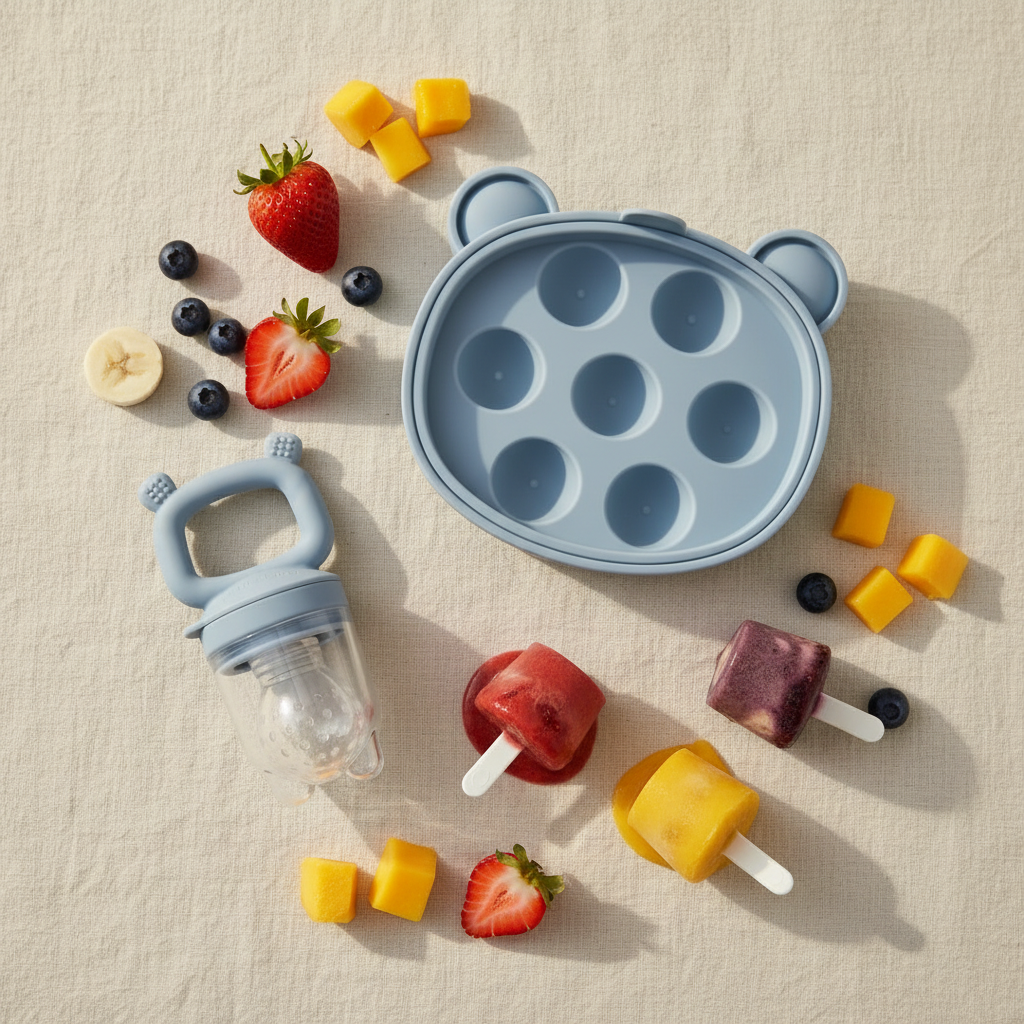 Combo Ciuccio Frutta + Stampo Ghiacciolini Dusty Blue - flat lay