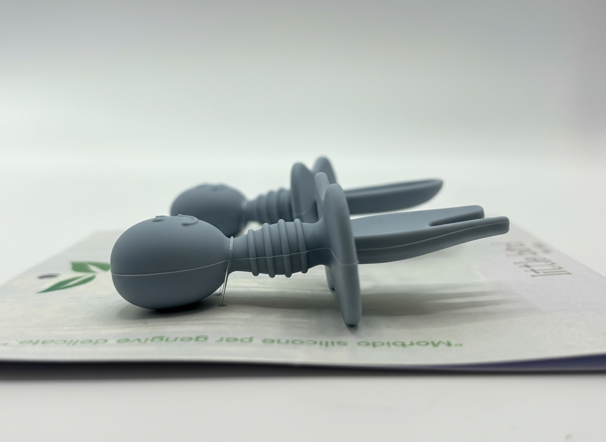 Set Posate Svezzamento 2-in-1 in Silicone BPA Free Dusty Blue - Forchetta e Cucchiaio Massaggiagengive Little Bird