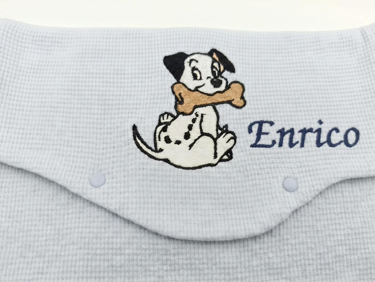 Busta cambio neonato in cotone celeste con dalmata ricamato