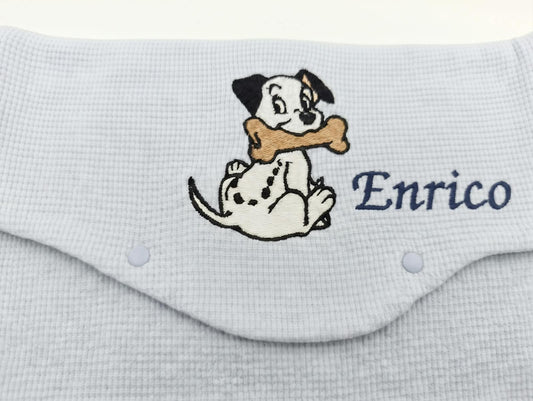 Busta cambio neonato in cotone celeste con dalmata ricamato