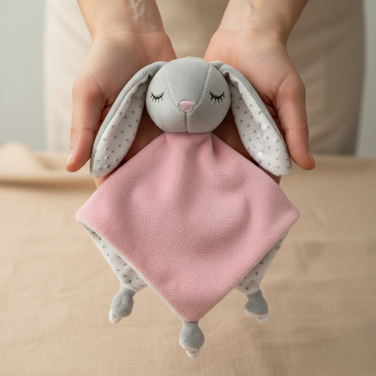 Doudou coniglietto nelle mani della mamma