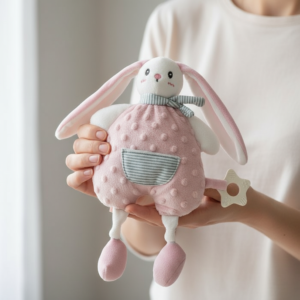 Doudou coniglietto nelle mani della mamma