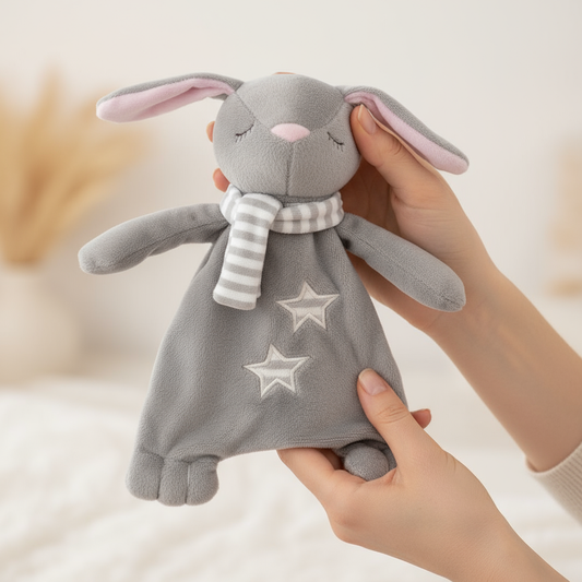 Doudou coniglietto nelle mani della mamma