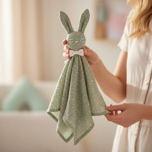 Doudou coniglietto nelle mani della mamma