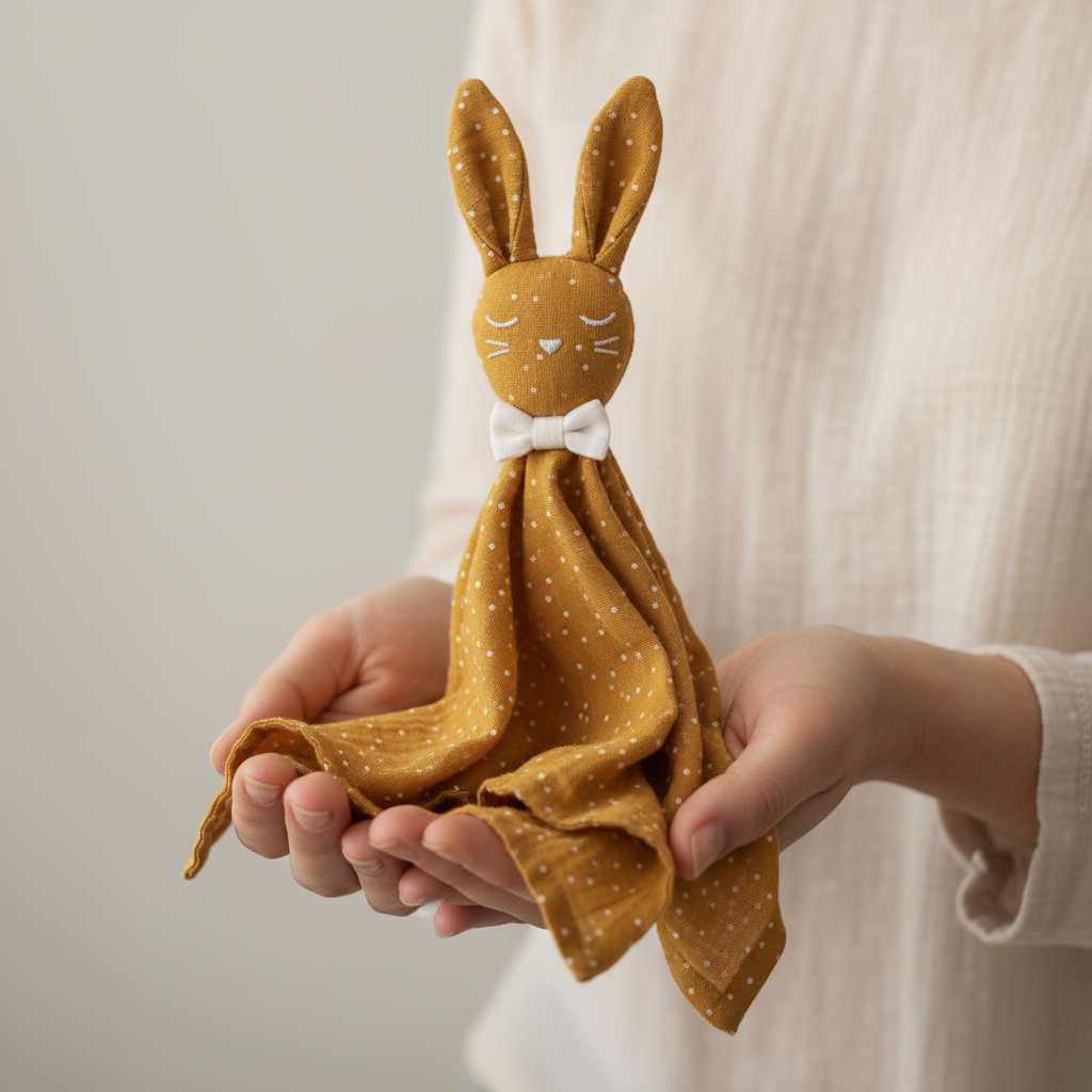 Doudou coniglietto ocra nelle mani della mamma