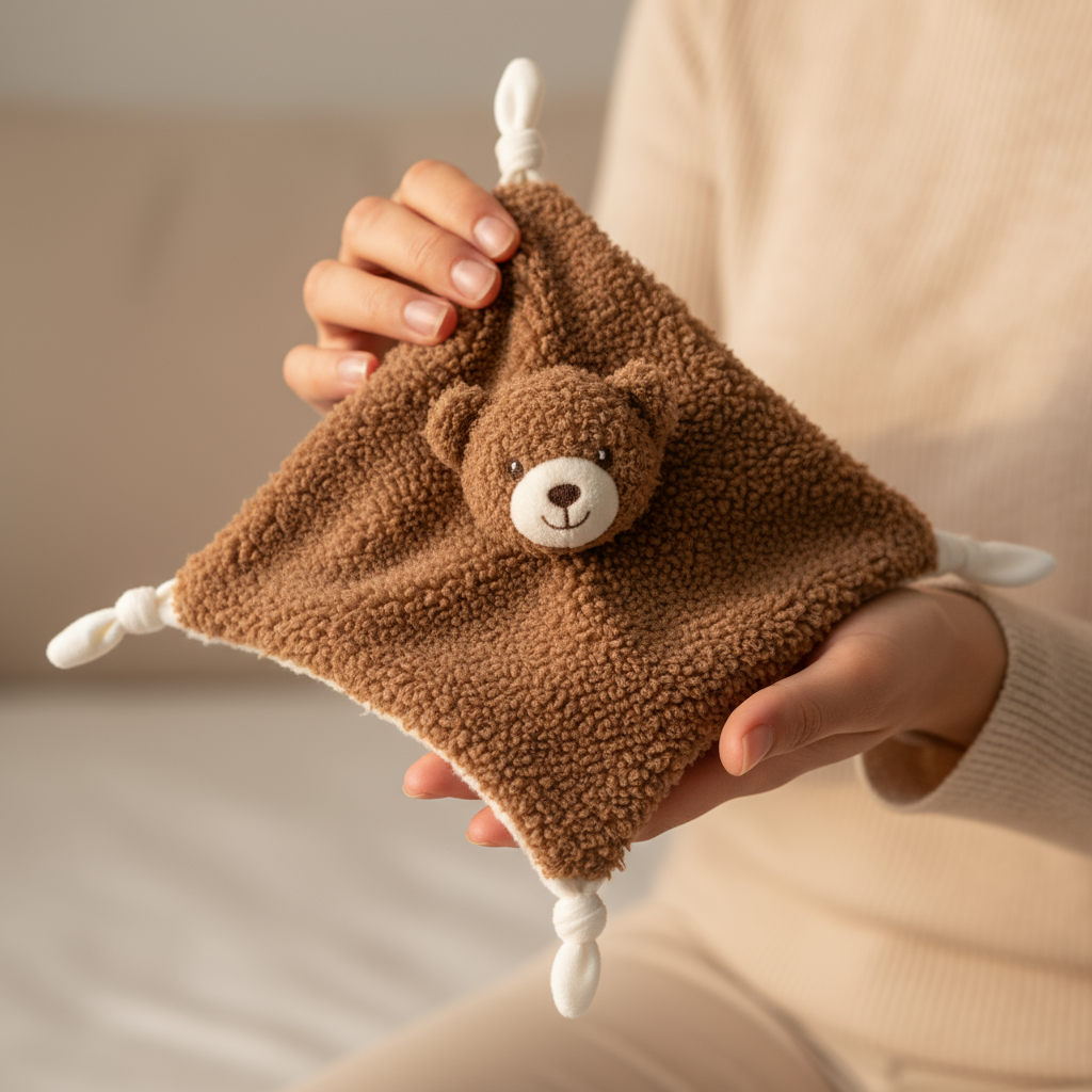 Doudou orsetto marrone nelle mani della mamma