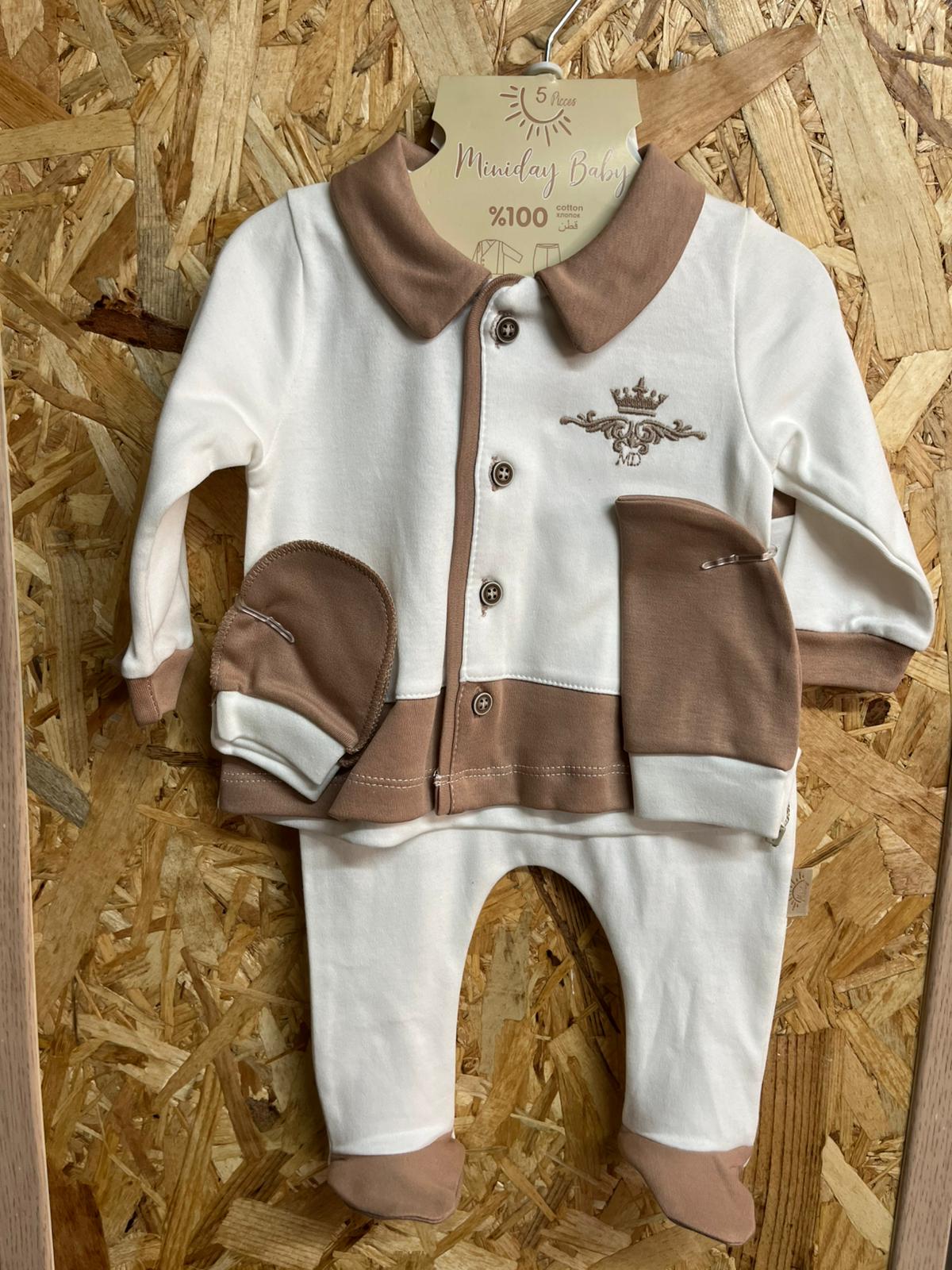 Completino Elegante Neonato Bianco e Marrone con Corona - Giacca e Pantaloni