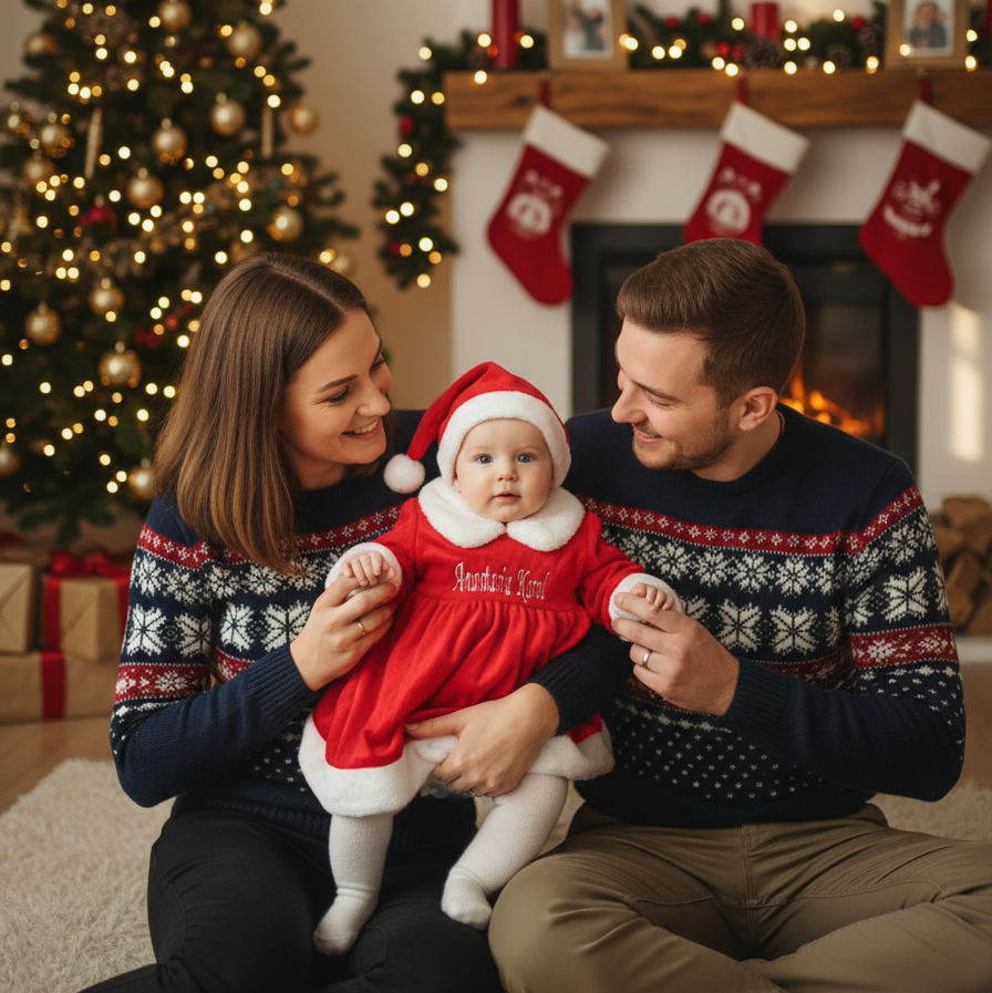 Famiglia con bambina vestito Natale