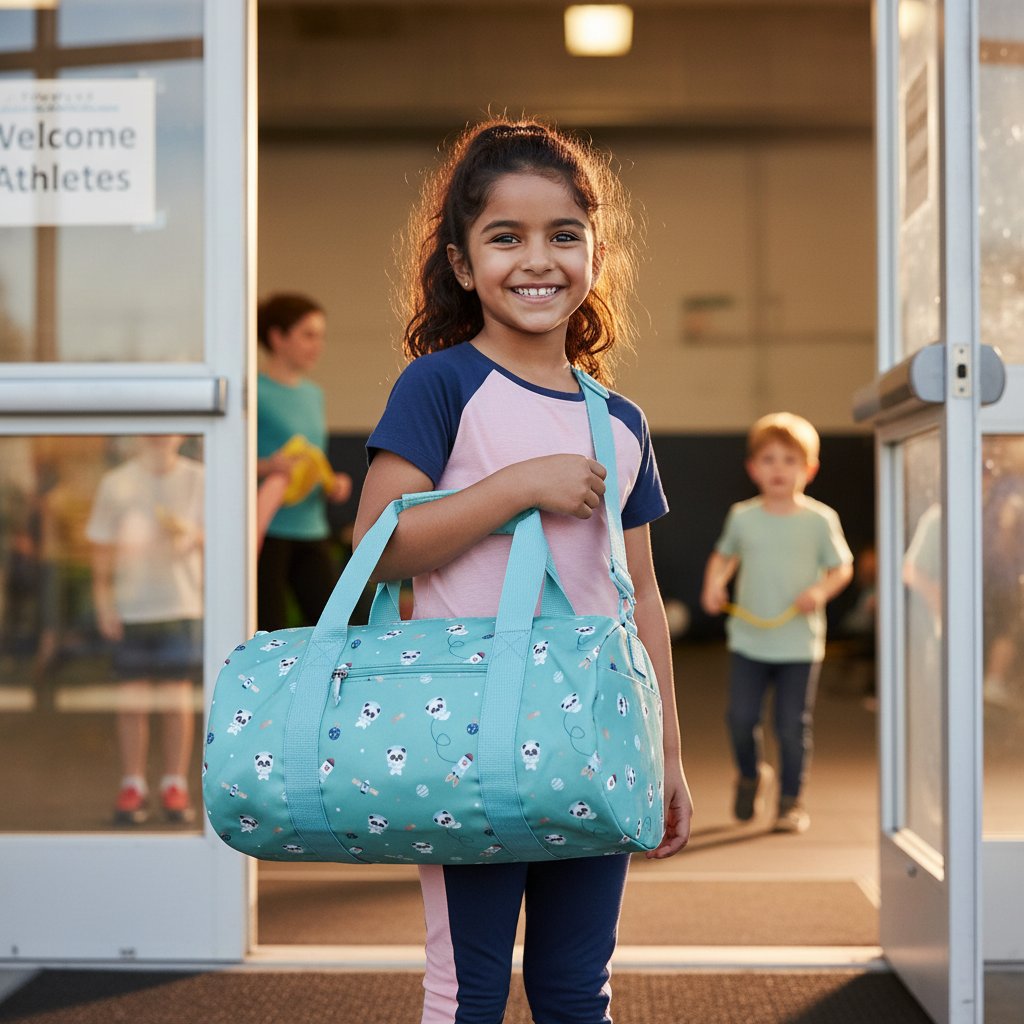 Borsa Sportiva Pandas in Space Tutete lifestyle - bambino in palestra o danza con borsa sportiva verde acqua panda spazio