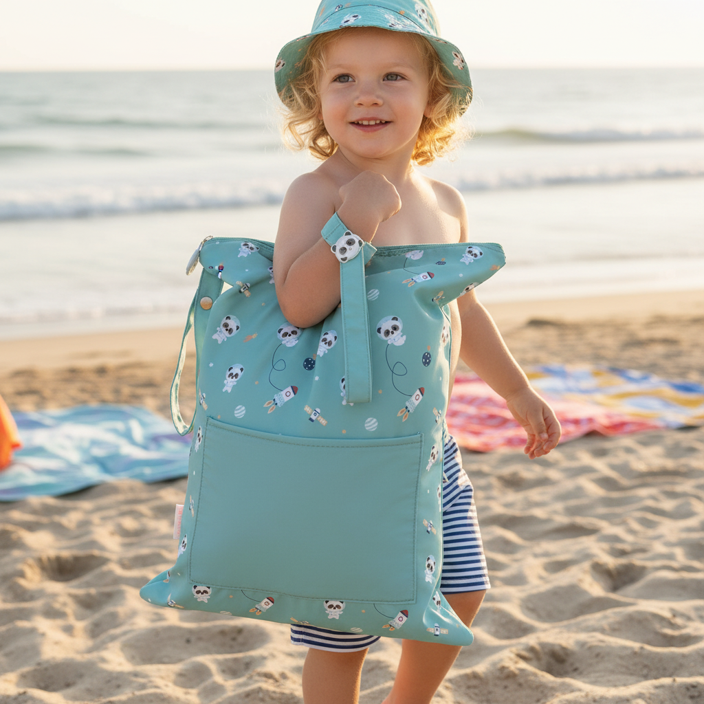 Borsa Impermeabile Grande Pandas in Space Tutete lifestyle - bambino o genitore in piscina con borsa impermeabile verde acqua panda spazio