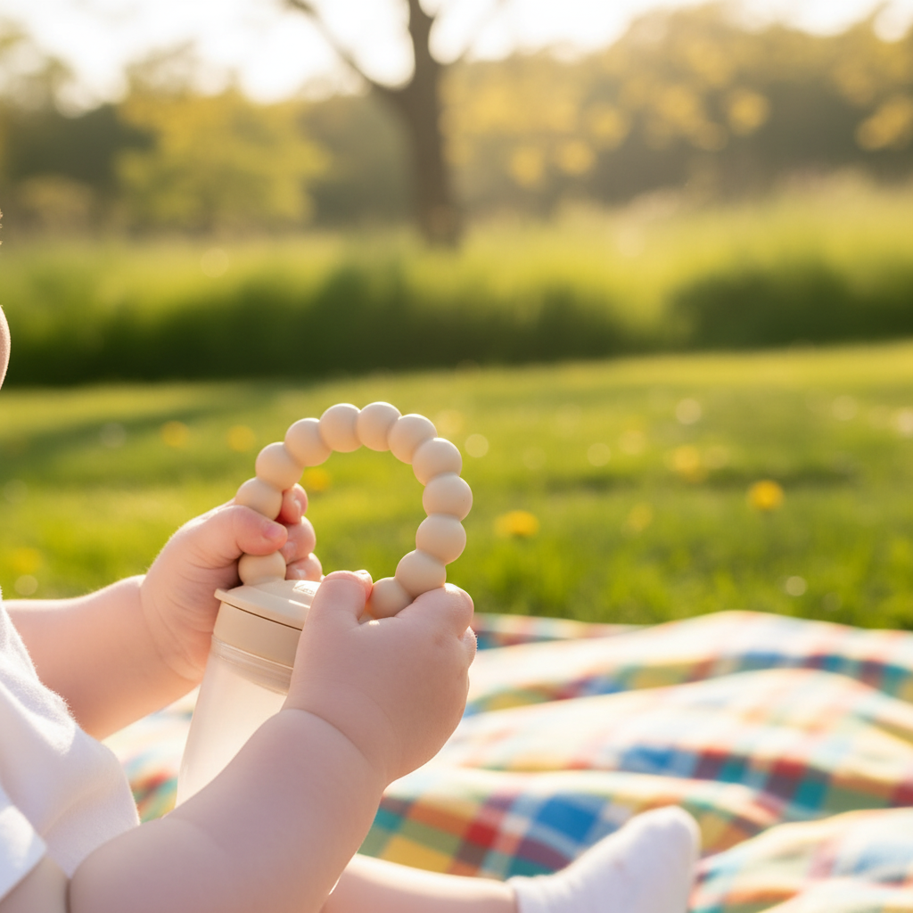 Dettaglio mani bambino con ciuccio frutta outdoor