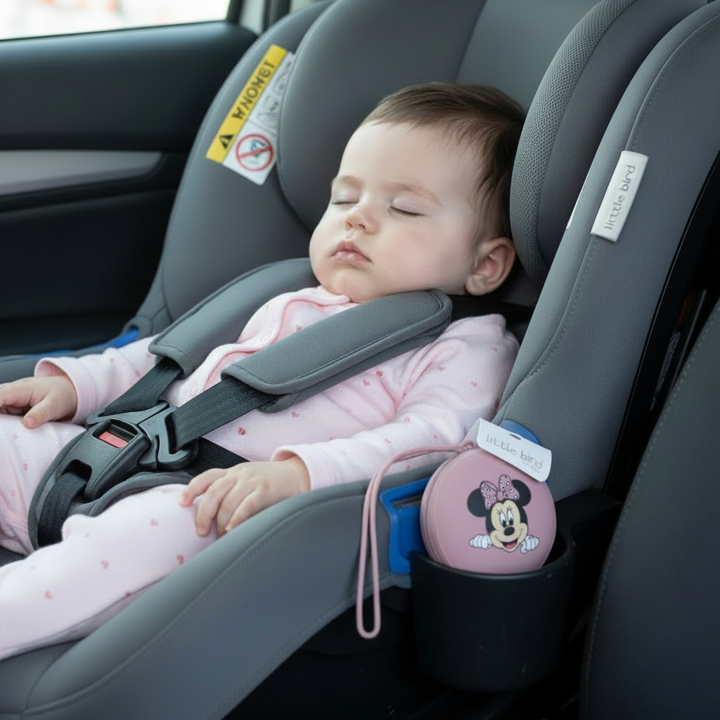 Portaciuccio Minnie rosa antico in auto con bimba