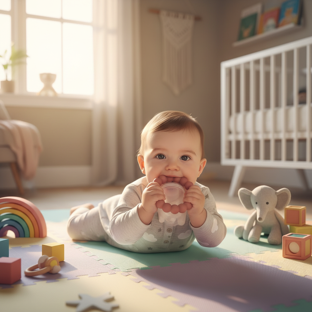 Bambino su tappetino gioco con ciuccio frutta dark pink come massaggiagengive