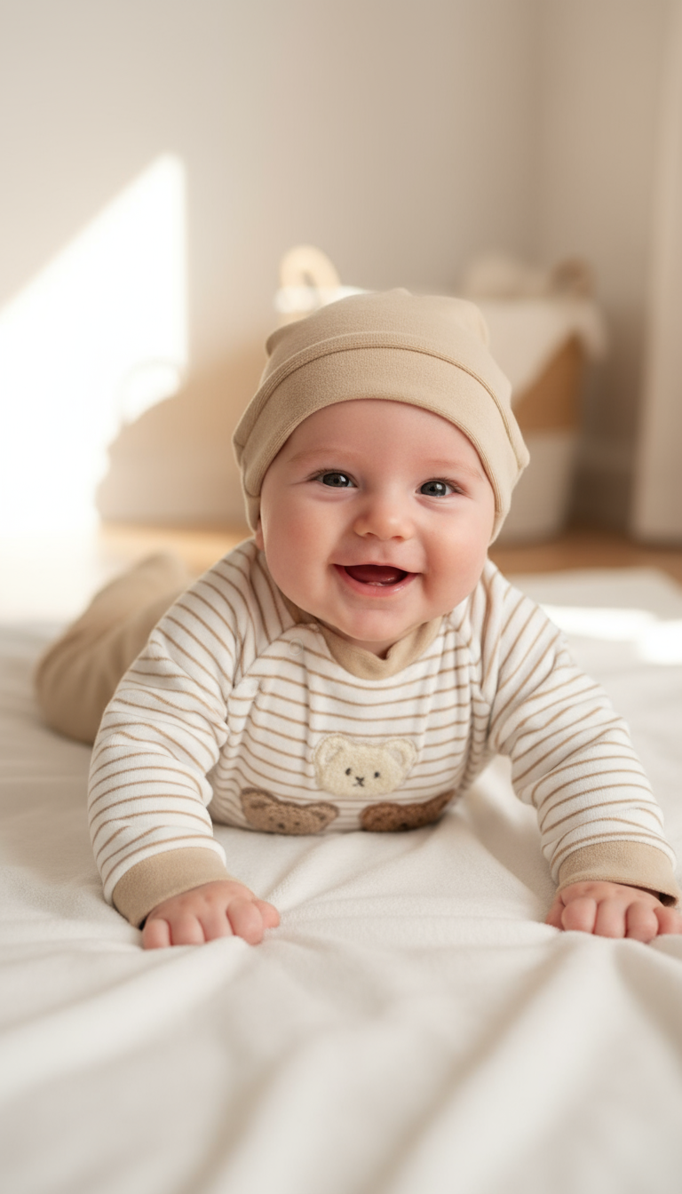 Tutina Neonato con Piedini Beige a Righe - Tre Orsetti - Cappellino