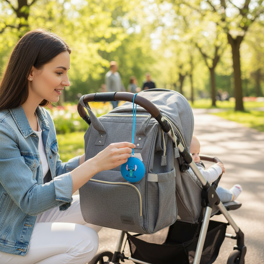 Portaciuccio Stitch blu appeso alla borsa durante passeggiata