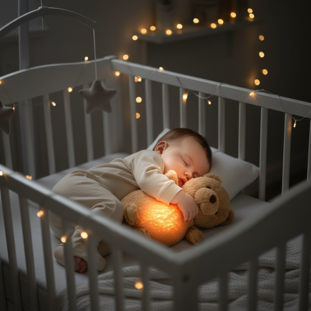 Bambino che dorme abbracciando l'orsetto luminoso