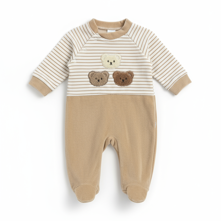 Tutina Neonato con Piedini Beige a Righe - Tre Orsetti - Cappellino