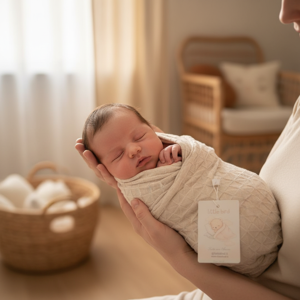 Neonato avvolto nella copertina quadretti beige - Little Bird