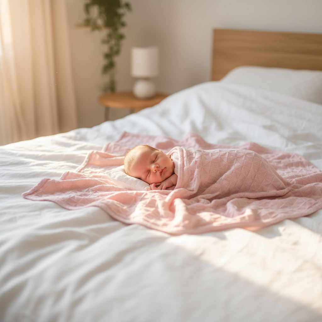 Neonata sul letto con copertina quadretti rosa - Little Bird