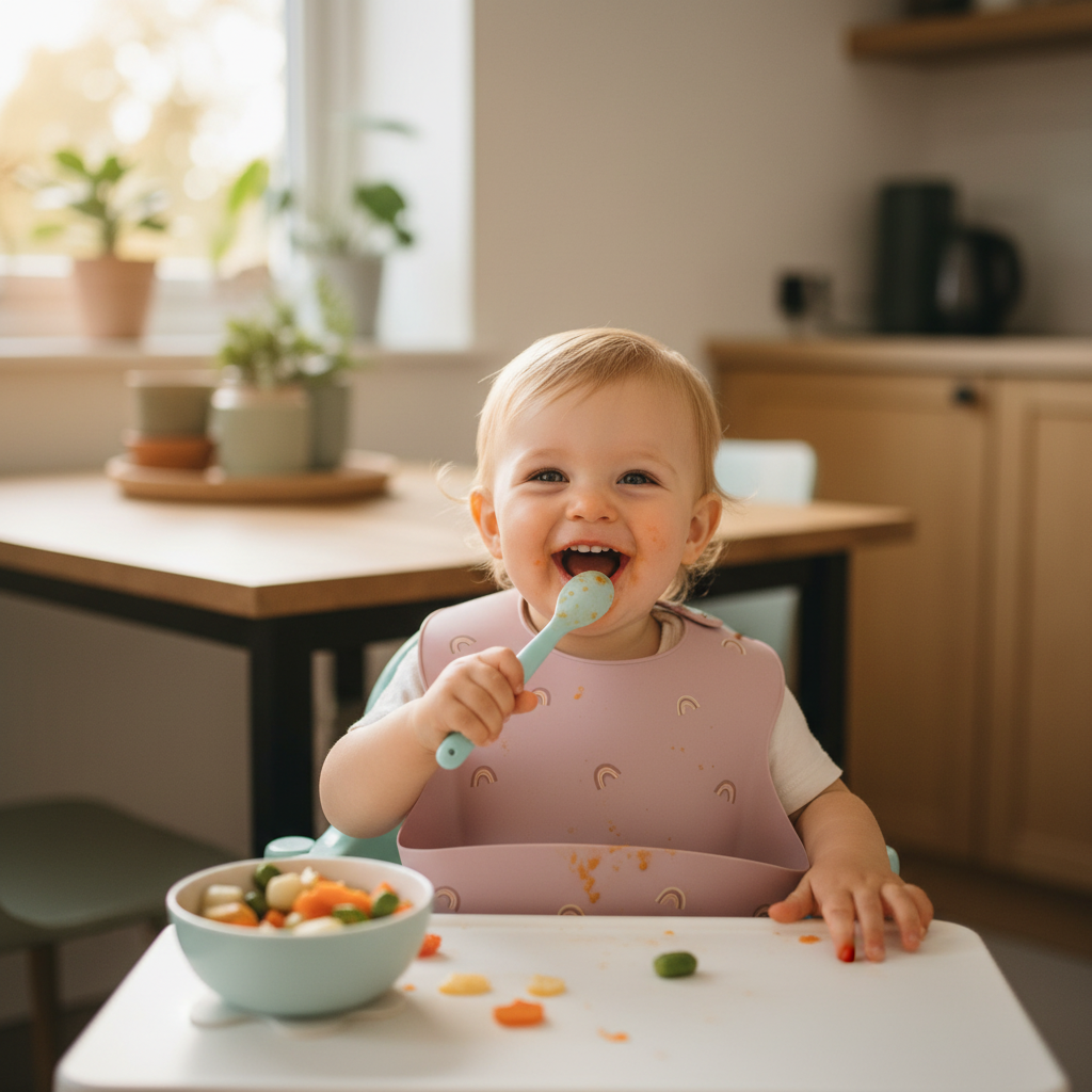 Bambino che indossa bavetta rosa arcobaleno - foto lifestyle