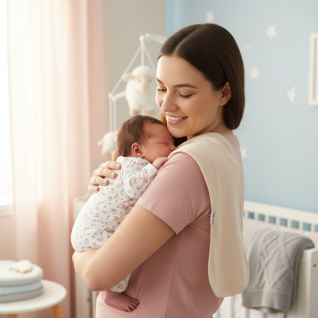 Mamma con baby sulla spalla con telospalla beige