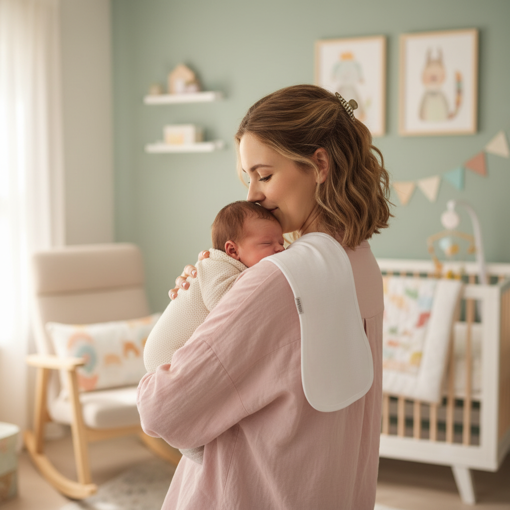 Mamma con baby sulla spalla con telospalla bianco