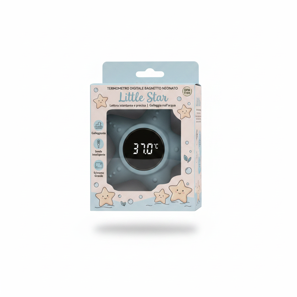 Termometro Little Star Dusty Blu con packaging sfondo bianco