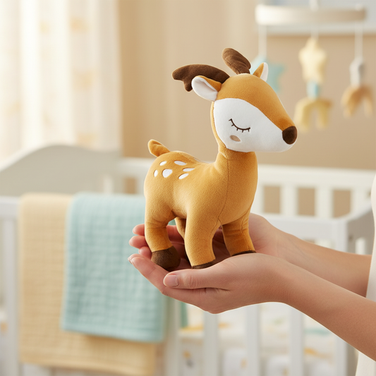 Mani che tengono il peluche cerbiatto in cameretta