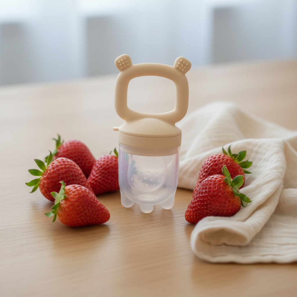 Ciuccio Frutta Orsetto Beige lifestyle fragole