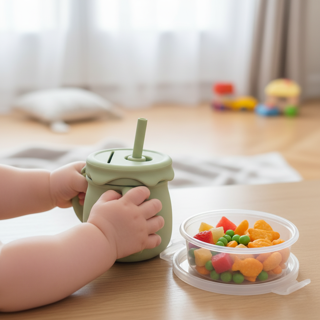 Dettaglio mani con bicchiere sippy verde