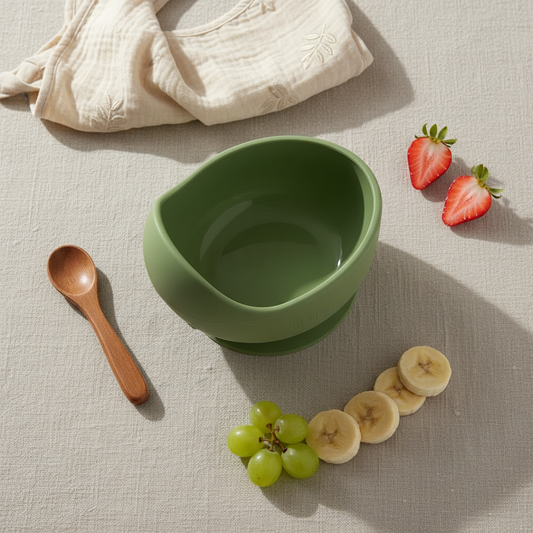 Ciotola silicone olive green lifestyle flat lay