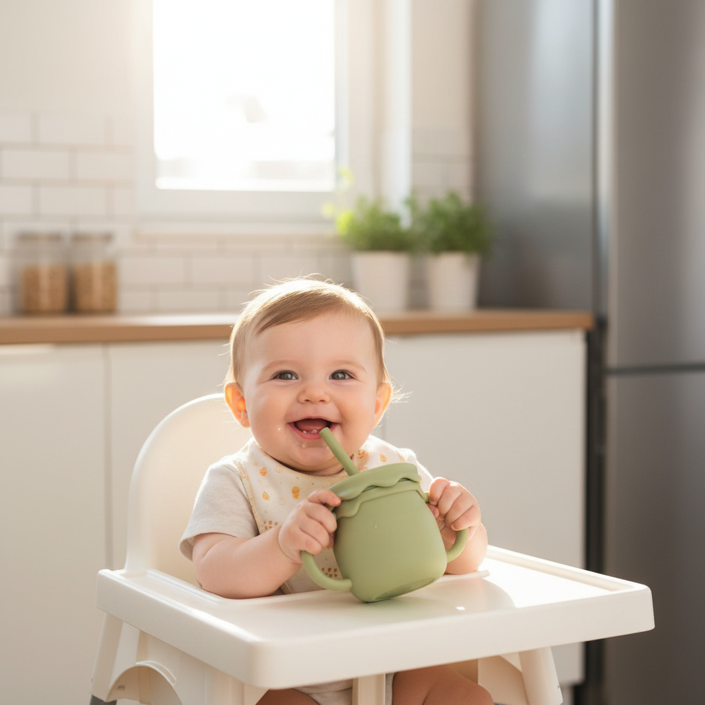 Bambino che beve dal bicchiere sippy verde