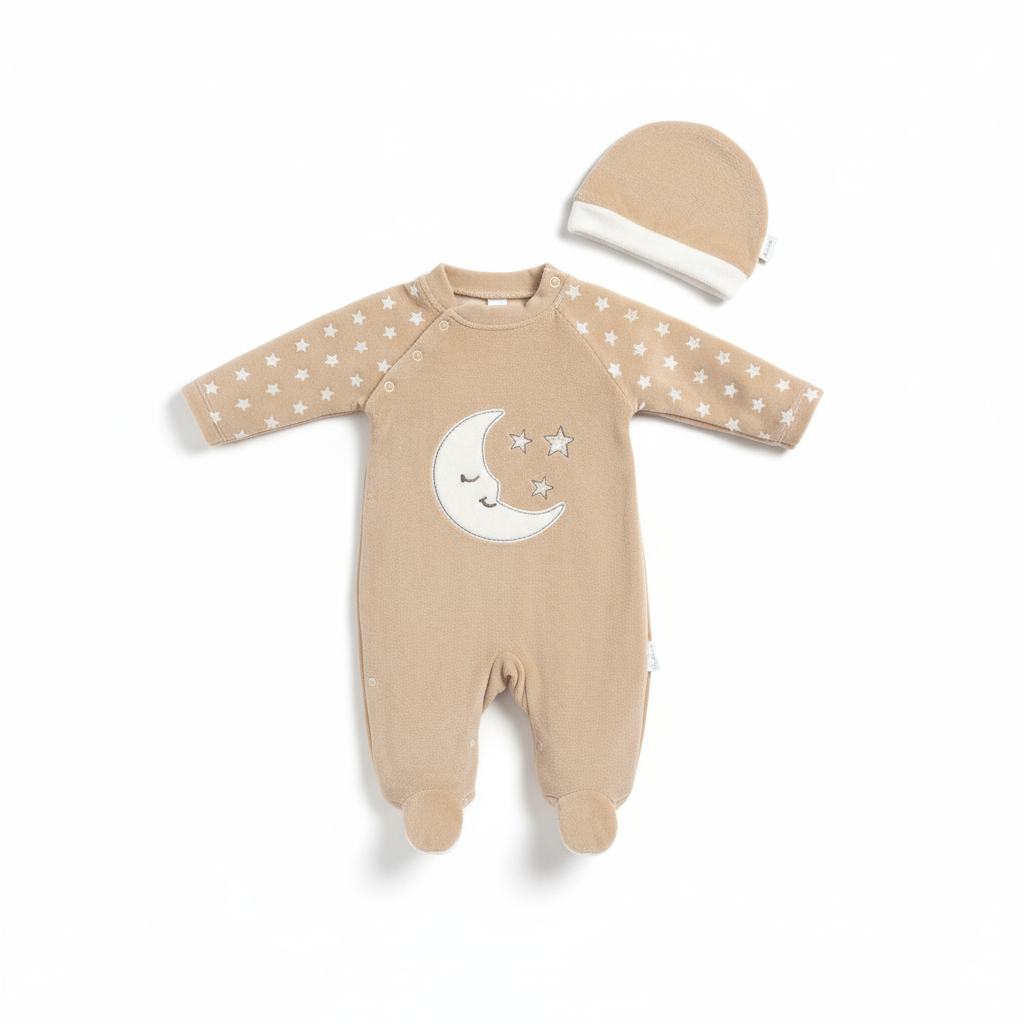 Tutina Neonato con Piedini Beige - Luna e Stelle + Cappellino