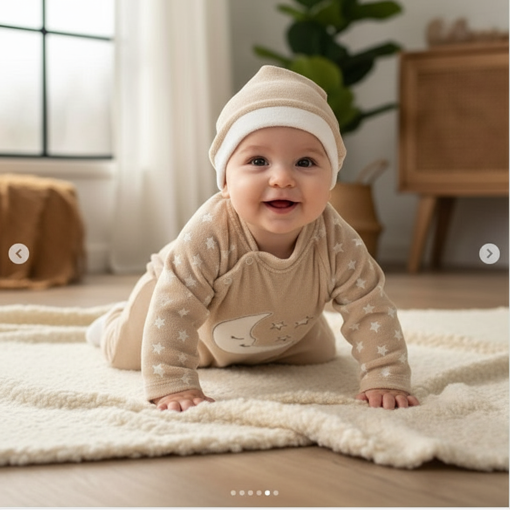 Tutina Neonato con Piedini Beige - Luna e Stelle + Cappellino