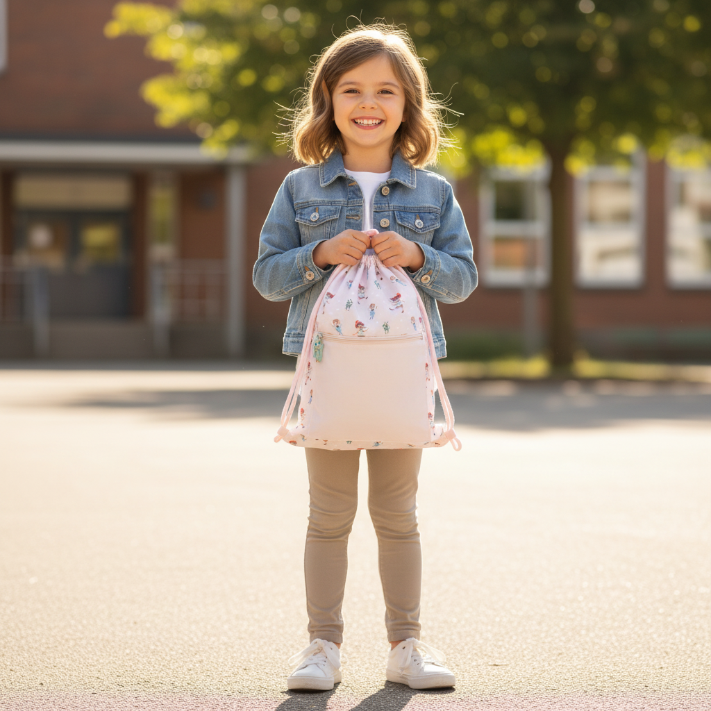 Sacca Zaino Wooden Boy Tutete lifestyle - bambina a scuola con sacca zaino rosa Pinocchio sulle spalle