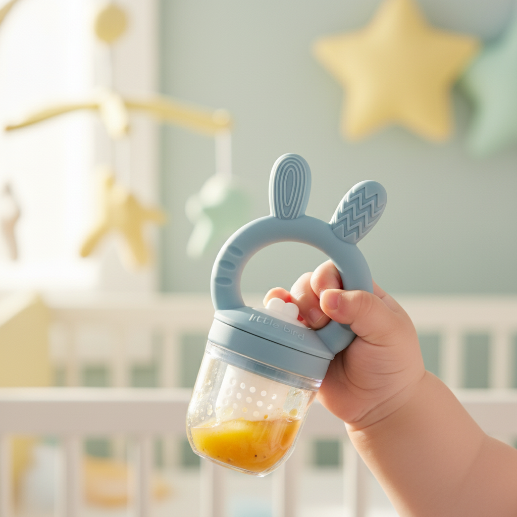 Ciuccio Frutta Coniglietto Celeste lifestyle mano bambino