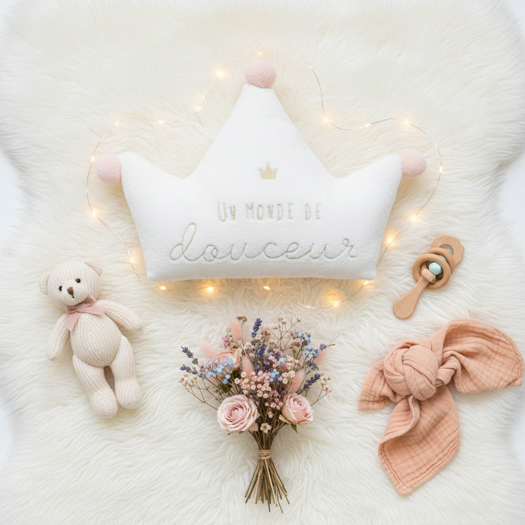 Cuscino Corona Maxi flat lay accessori baby