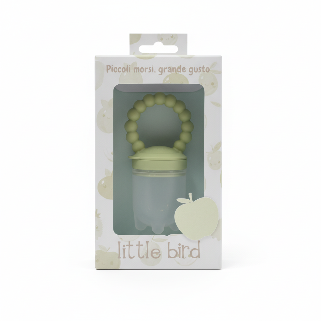 Ciuccio frutta verde con packaging su sfondo bianco