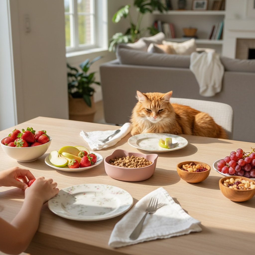 Ciotola gattino rose pink su tavolo con cibo