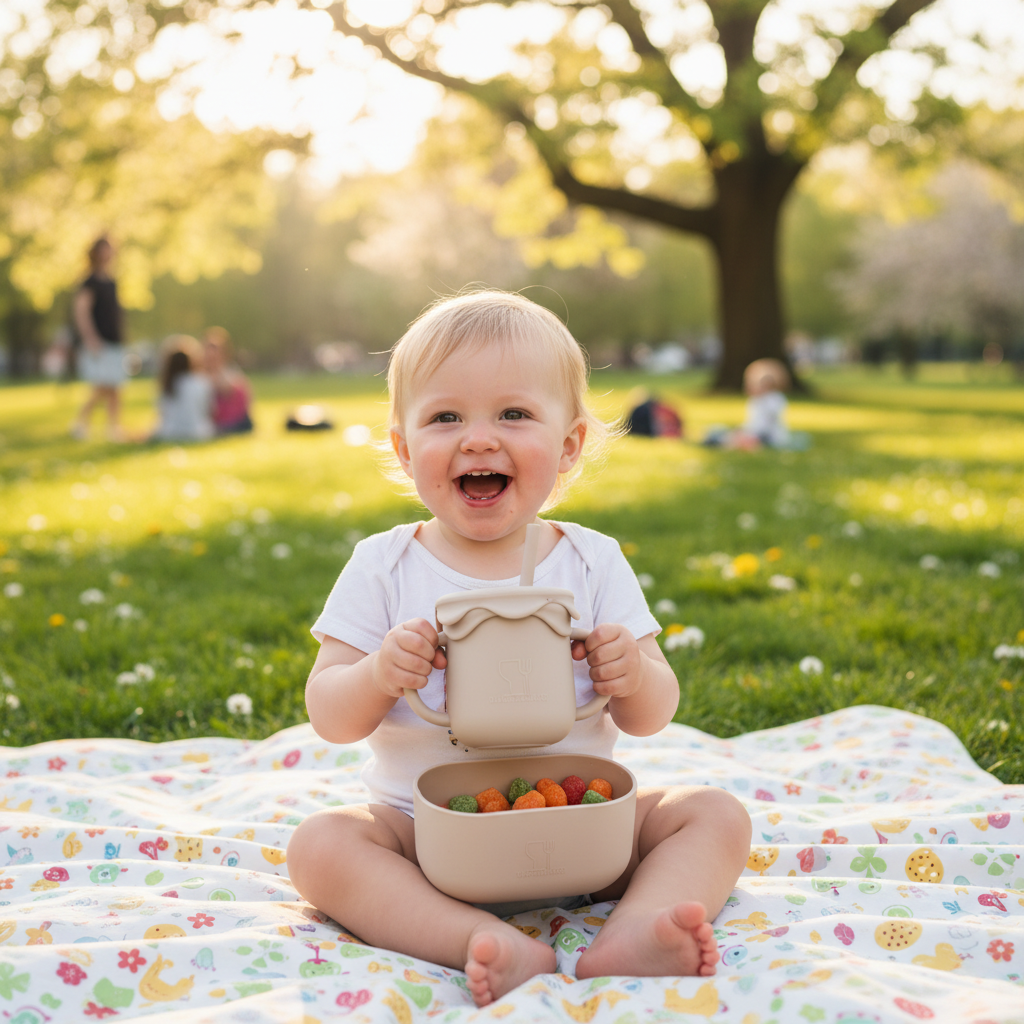 Bambino outdoor con bicchiere beige e snack