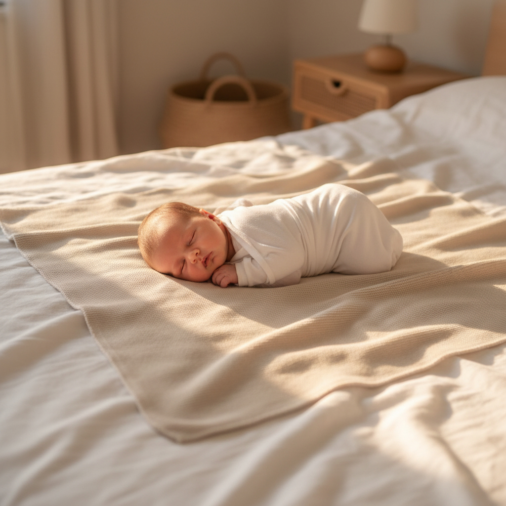Neonato sul letto con copertina liscia beige - Little Bird