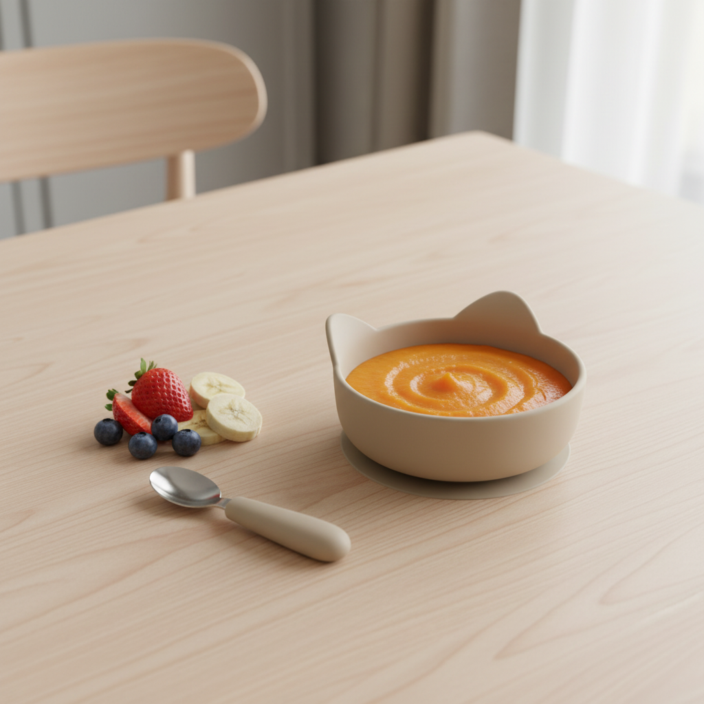 Ciotola gattino beige su tavolo con cibo per bambini