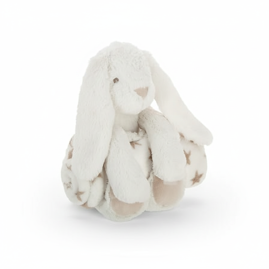 Peluche coniglietto bianco con copertina a stelle - immagine generata