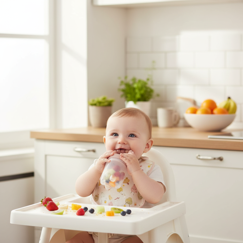 Bambino nel seggiolone con ciuccio frutta rosa antico