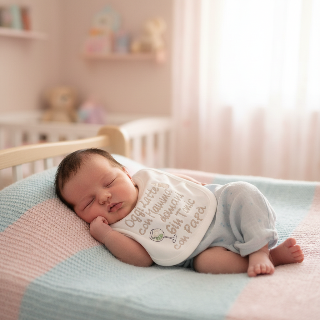 Lifestyle neonato con bavetta ricamata Oggi Latte con Mamma Domani Gin Tonic con Papà