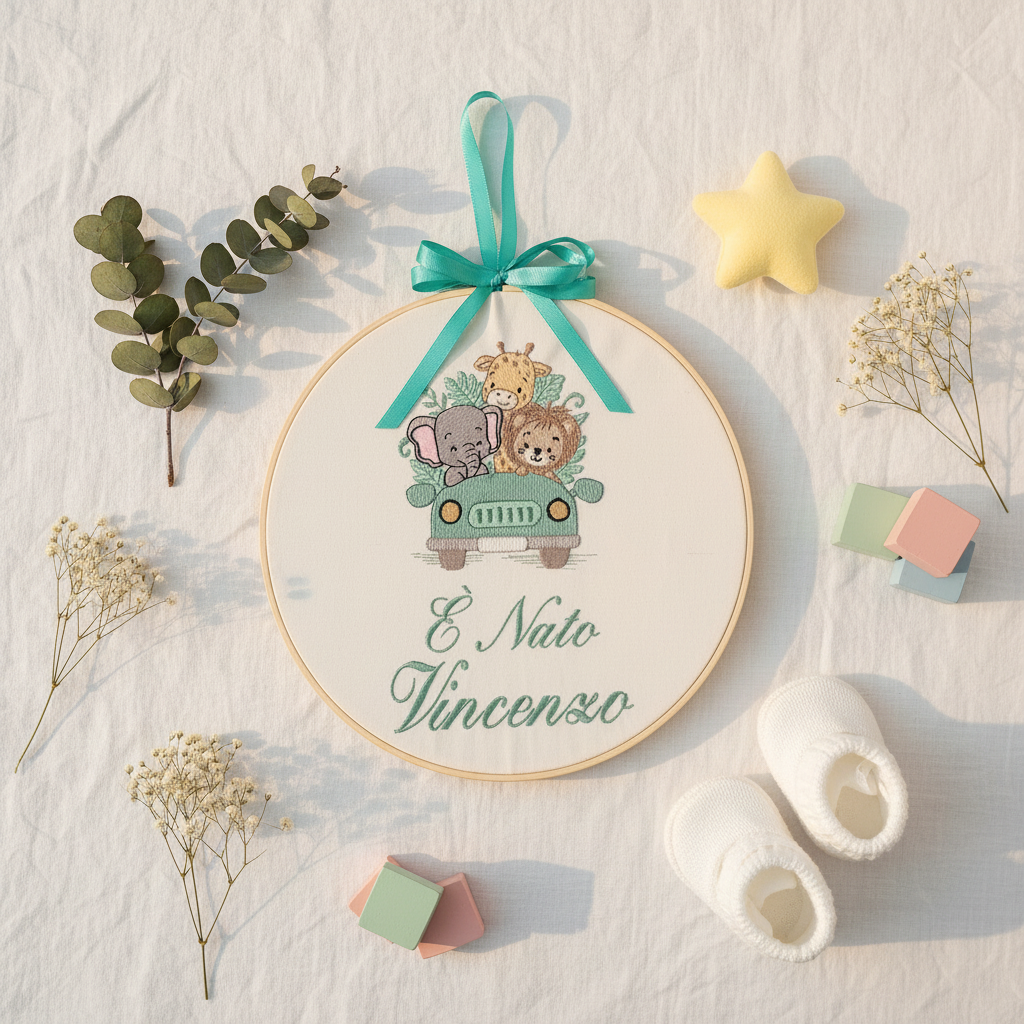 Flat lay telaio ricamato nascita animaletti safari