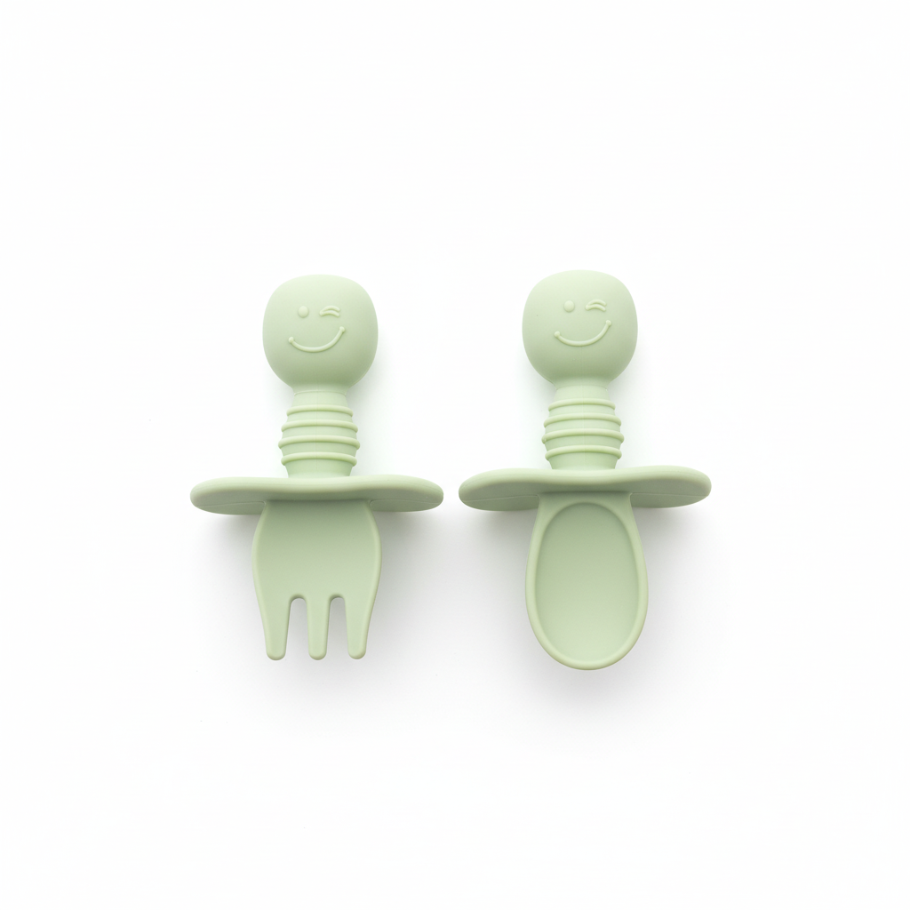 Set posate svezzamento verdi Little Bird sfondo bianco