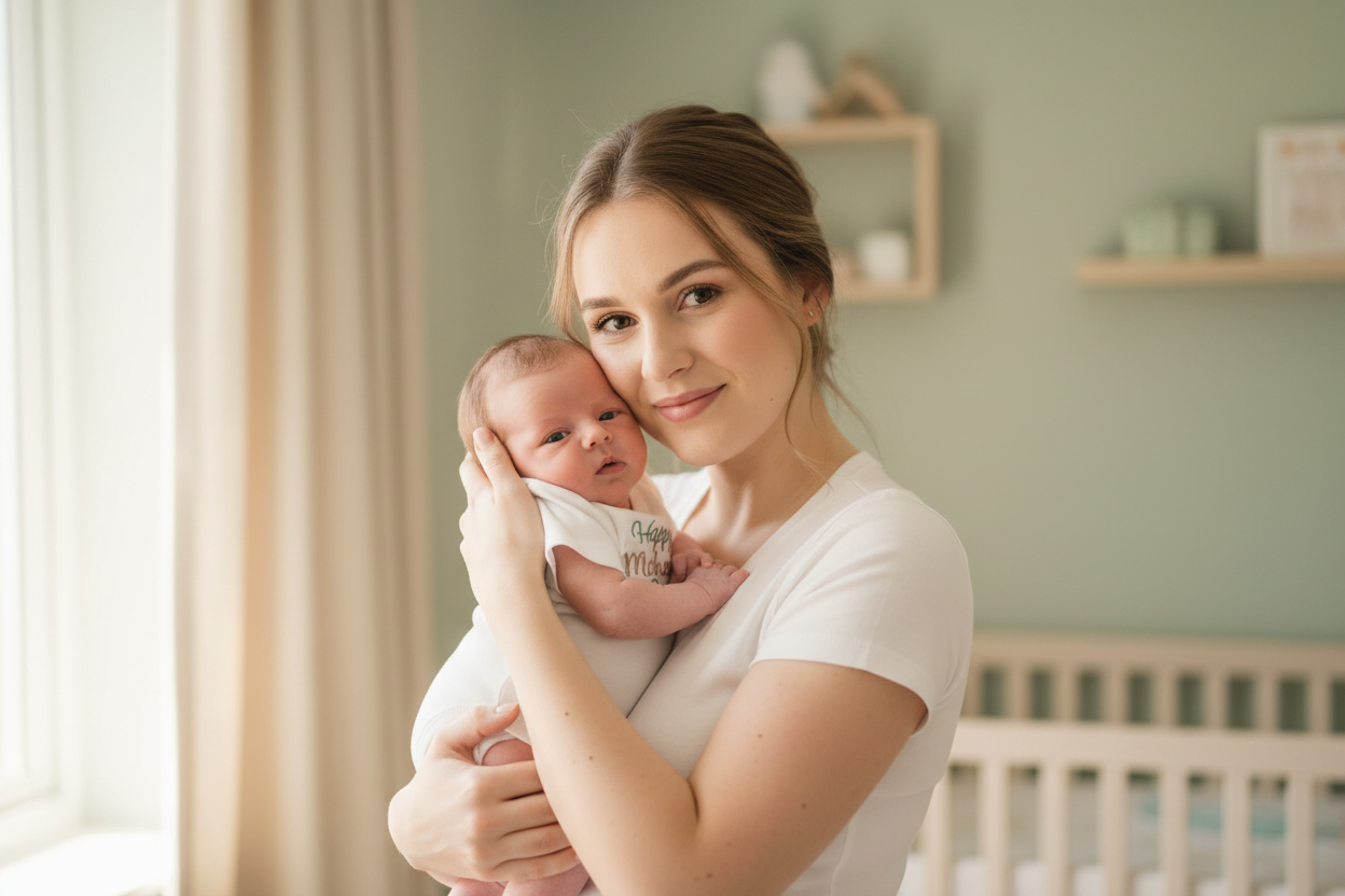 Mamma e neonato con body Happy Mother's Day verde beige - Little Bird