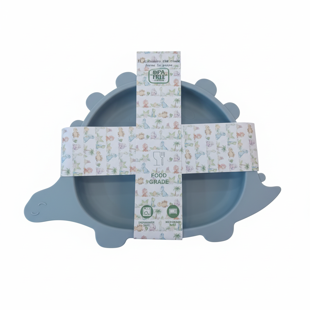 Piatto dinosauro con packaging su sfondo bianco